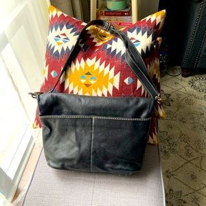 Black Leather Cross Over Roots Hobo Bag